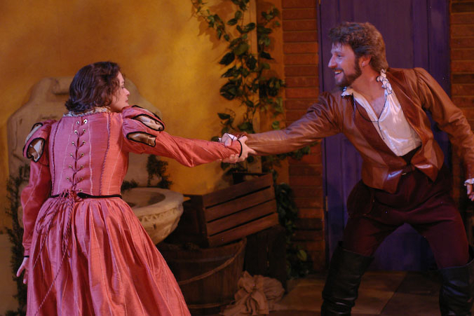 As Petruchio, with Corrie  Danieley as Katherine, in Illinois Shakespeare Festival's THE TAMING OF THE SHREW. Photo by Pete Guither.