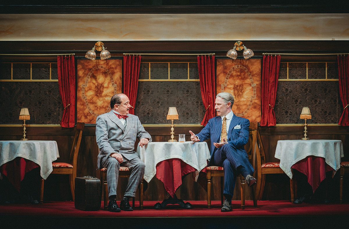 As Samuel Ratchett with Chris Mixon as Hercule Poirot in Alabama Shakespeare Festival's MURDER ON THE ORIENT EXPRESS. Photo by Aubrie Moates.