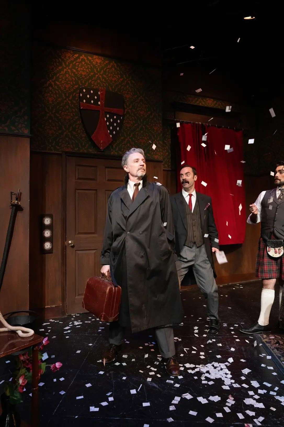 As Inspector Carter, with Nick Ferrucci as Perkins and Cody Gerszewski as Thomas Colleymoore in THE PLAY THAT GOES WRONG at Sierra Repertory Theatre. Photo by Brooke Battle.
