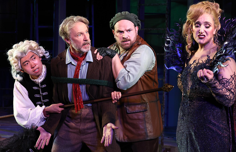 As the Narrator with Justin Joung as the Steward, Tyler Nye as the Baker, and Charlotte Munson as the Witch in Santa Cruz Shakespeare's INTO THE WOODS. Photo by Shmuel Thaler.