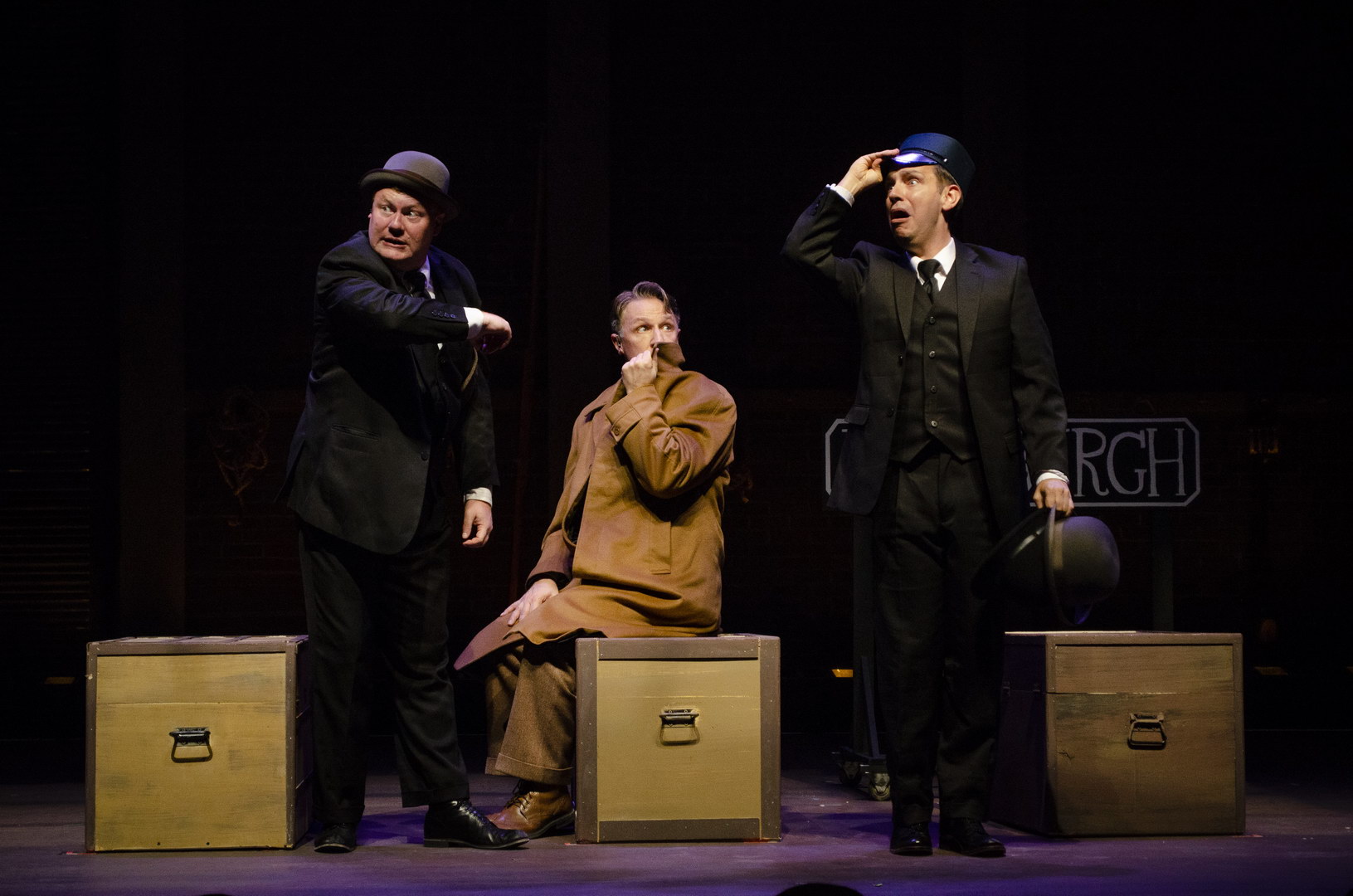 As Hannay, with Quin Gresham as Salesman 2 and Ben Roseberry as Porter in THE 39 STEPS at Arrow Rock Lyceum Theatre. Photo by Ryan J. Zirngibl.